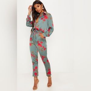 Pretty Little Thing Two-Piece Green Floral Satin Set. Top Sz 6 & Bottom Sz 8